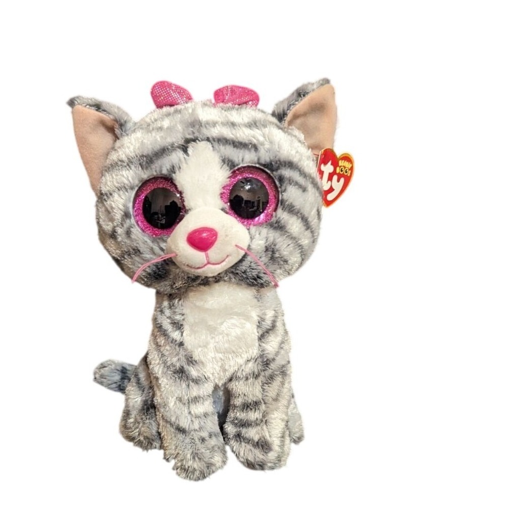 Ty Beanie Boos Kiki the Cat Grey Striped Plush Glitter Eyes‎ Pink Bow 9 Inch